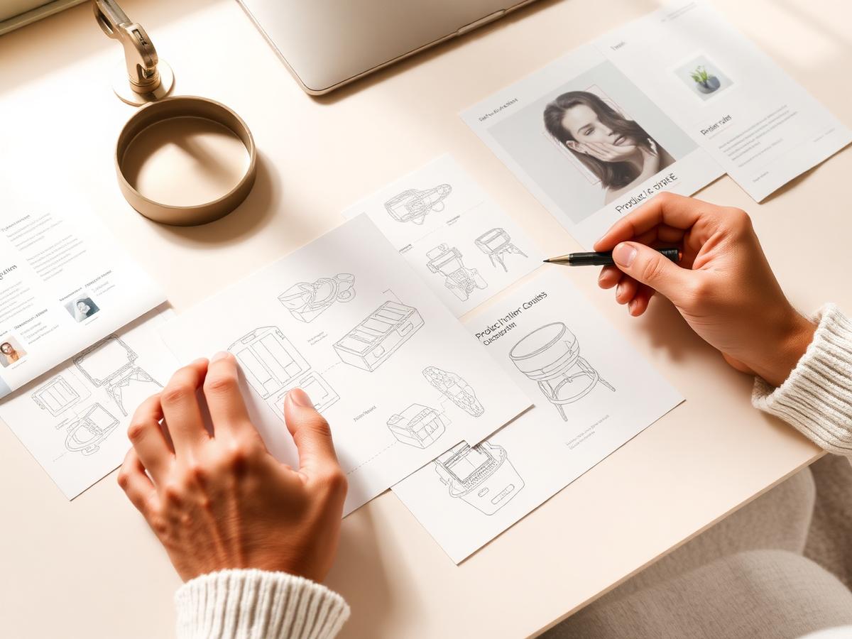 Hands sketching and arranging product concept cards on a soft cream desk