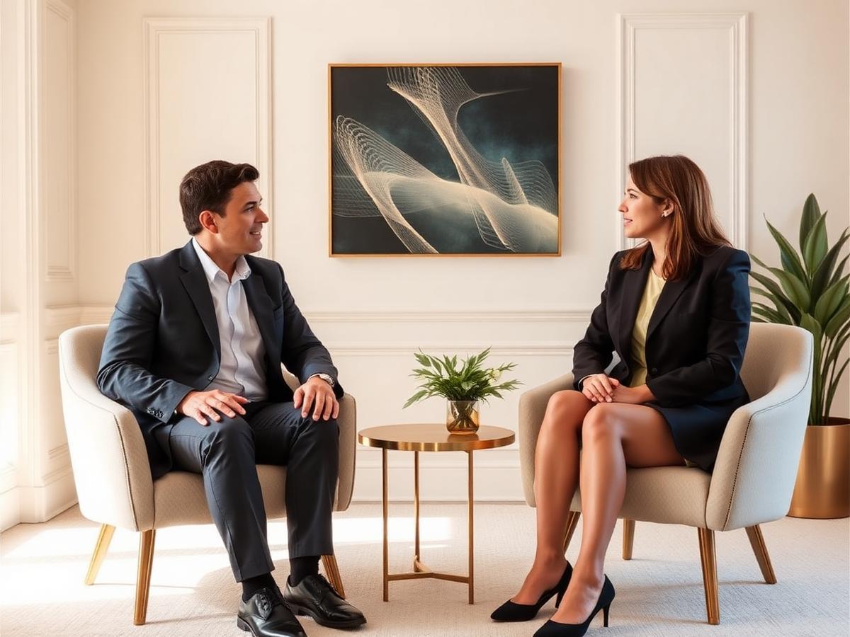 Two advisors in a warm, light-filled consultation room with sage and gold accents