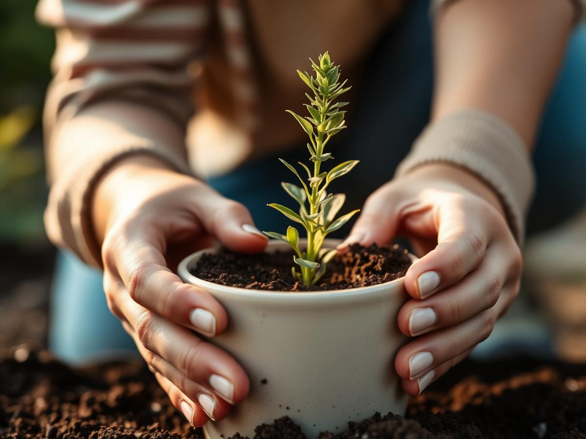 Hands cradling a young sage seedling in a soft cream ceramic pot